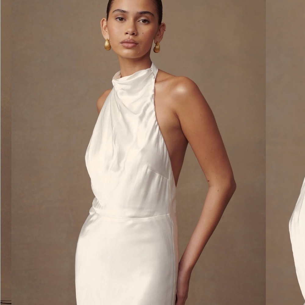 Meshki White Satin Halter Maxi Dress